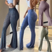 Casual Solid Color Ribbed Flare Leggings for Sports