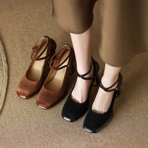 Vintage Square-toe Criss-cross Strap Block Heeled Mary Jane Shoes