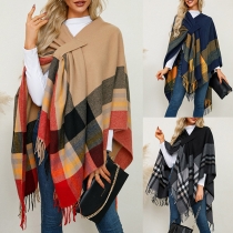 Fashion Checkered Tassel Irregular Hemline Cape-Poncho for Women