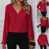 Fashion Lace Spliced V-neck Long Sleeve Shirt