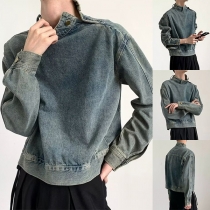 Vintage Button Stand Collar Long Sleeve Old-washed Denim Shirt for Men
