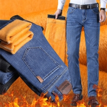 Fashion Warm Plush Lined Denim Jeans for Men
