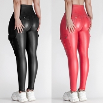 Fashion Solid Color High-rise Side Patch Pockets Artificial Leather PU Skinny Pants