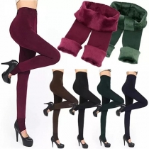 Fashion Solid Color Plush Lined High-rise Warm Skinny Leggings
