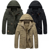 Fashion Stand Collar Hooded Long Sleeve Front Zipper Warm Plush Lined Jacket for Men