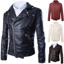 Fashion Notch Lapel Slant Zipper Long Sleeve Artificial Leather PU Jacket for Men