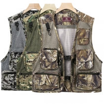 Fashion Camouflage Printed Multi-Pocket Mesh-net Spliced Sleeveless Outdoor Waistcoat