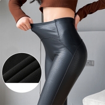 Fashion Plush Lined High-rise Elastic Artificial Leather PU Skinny Leggings