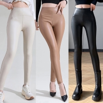 Fashion Solid Color High-rise Artificial Leather PU Skinny Leggings