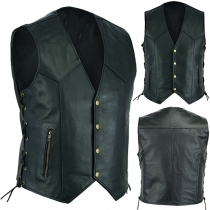 Vintage Side Lace-up Front Button Artificial Leather PU Sleeveless Vest for Men
