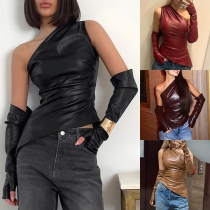Sexy One-shoulder Sleeveless Artificial Leather PU Shirt with Gloves