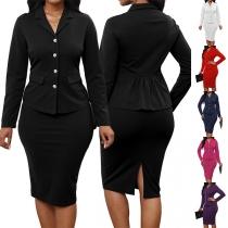 Elegant Two-piece Suit Set Consist of Ruffle Hemline Blazer and Back Slit Skirt