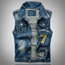 Street Fashion Stand Collar Sleeveless Patch Old-washed Denim Vest for Men