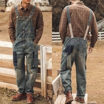 Vintage Side Patch Pockets Loose Old-washed Denim Suspender Jumpsuit for Men