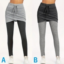 Fashion Contrast Color Drawstring Waist Irregular Hemline Mock Two-piece Leggings