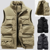 Fashion Stand Collar Sleeveless Multi-pockets Warm Plush Lined Vest Waistcoat for Men