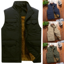 Fashion Solid Color Stand Collar Sleeveless Multi-pockets Warm Plush Lined Vest Waistcoat for Men