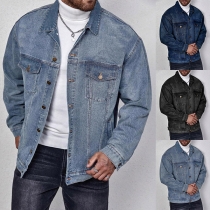 Fashion Stand Collar Long Sleeve Old-washed Denim Jacket for Men