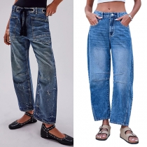 Street Fashion Patch Pockets Drawstring Waist Old-washed Denim Jeans
