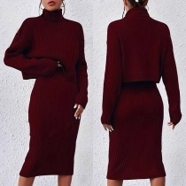 Elegant Knitted Two-piece Set Consist of Turtleneck Sweater and V-neck Tank Dress