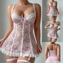 Sexy Floral Jacquard Bowknot Semi-through Lace Nightwear Dress
