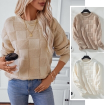 Fashion Plaid Pattern Crew Neck Long Sleeve Knitted Sweater
