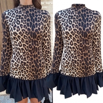 Fashion Leopard Printed Long Sleeve Ruffle Hemline Mini Dress