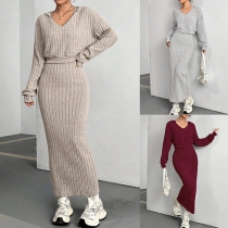 Fashion Ribbed Two-piece Set Consist of Hooded Crop Sweatshirt and Maxi Tank Dress