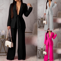 Elegant Two-piece Suit Set Consist of Self-tie Blazer and Wide-leg Pants