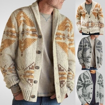 Vintage Floral Jacquard Lapel Long Sleeve Front Button Knitted Cardigan for Men