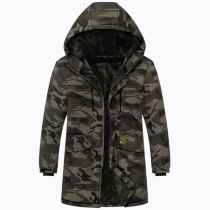 Fashion Drawstring Hooded Long Sleeve Warm Plush Lined Camouflage Printed Coat for Men