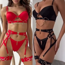 Sexy Cutout Chain O-ring Three-piece Lingerie Set