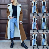 Fashion Notch Lapel Long Sleeve Warm Plush Lined Longline Jacket