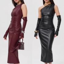 Sexy Slant Shoulder Sleeveless Artificial Leather PU Bodycon Dress with Gloves