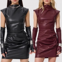 Fashion Crew Neck Sleeveless Artificial Leather PU Bodycon Dress with Gloves