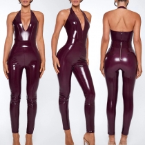 Sexy Halterneck V-neck Back Zipper Slim-fit Artificial Leather PU Jumpsuit（size runs small,Consider sizing up for best comfort）
