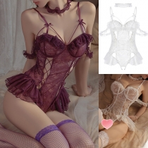 Fashion Ruffle Lace-up Bowknot Lace Lingerie Bodysuit