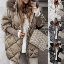 Fashion Artificial Fur Spliced Hooded Long Sleeve Front Zipper Quilted Coat