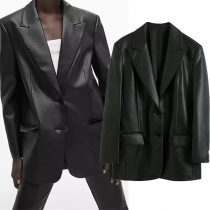 Fashion Notch Lapel Long Sleeve Artificial Leather PU Jacket