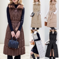 Fashion Stand Collar Sleeveless Front Button Self-tie Plush Lined Quilted Longline Coat for Women