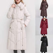 Fashion Stand Collar Hooded Long Sleeve Patch Pockets Self-tie Quilted Longline Coat