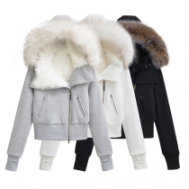 Fashion Artificial Fur Spliced Hooded Long Sleeve Front Zipper Warm Plush Lined Crop Jacket