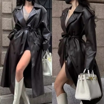 Fashion Notch Lapel Long Sleeve Double-breasted Self-tie Longline Artificial Leather PU Jacket
