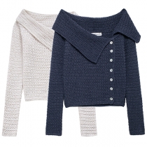 Elegant Lapel Neckline Side Button Long Sleeve Knitted Sweater