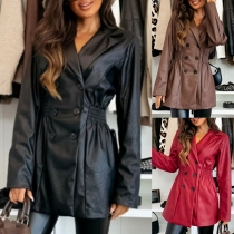 Fashion Notch Lapel Long Sleeve Cinch Waist Elastic Waist Artificial Leather PU Jacket