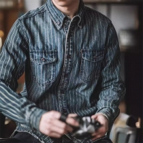 Vintage Vertical Striped Stand Collar Long Sleeve Patch Chest Pockets Denim Blouse for Men