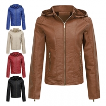 Fashion Solid Color Hooded Long Sleeve Front Zipper Artificial Leather PU Jacket
