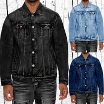 Fashion Stand Collar Long Sleeve Old-washed Denim Jacket for Men