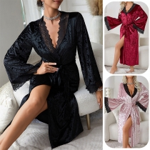 Fashion Lace Spliced V-neck Long Sleeve Self-tie Loungewear Robe