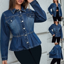 Fashion Stand Collar Long Sleeve Front Button Ruffle Hemline Old-washed Denim Jacket